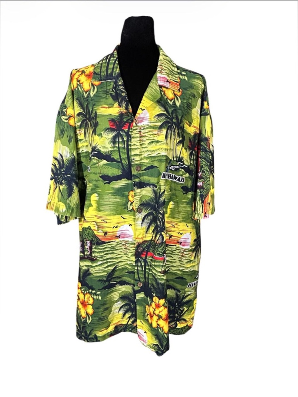 Aloha Fashion Hawaii Sunset Hibiscus‎ Shirt XXL Coconut Buttons Tropical Green